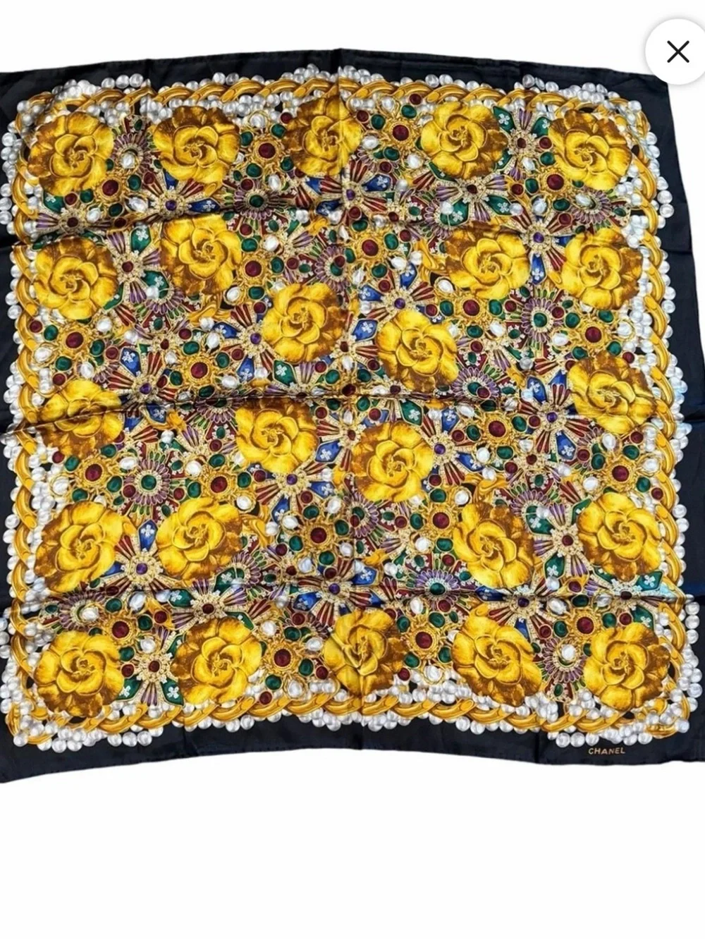 CHANEL Black Silk Scarf with Gold Floral and Multicolor Gripoix Jewel Motif